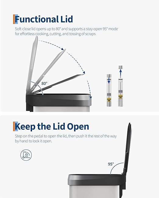 Garvee 13 Gallon / 50 Liter Metal Trash Can with Lid, Large Garbage Can for Kitchen, Rustproof Step-on Kitchen Metal Trash Bin with Liner Rim, Rear Handle, Soft Close Plastic Lid, White