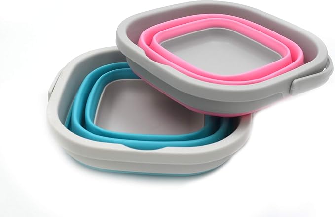 SAMMART Set of 2-2.6L (0.68 Gallon) Super Mini Sqare Collapsible Plastic Bucket - Foldable Square Tub - Portable Fishing Water Pail - Space Saving Outdoor Waterpot (2, Pink + Bright Blue)