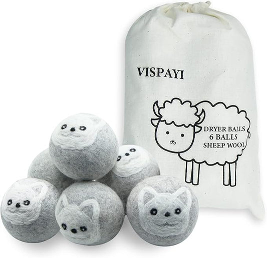 Dryer Balls Laundry Reusable, XL Wool Dryer Balls Cute, Fabric Softener Ball, Extra Large Dryer Balls with Animal Pattern, Shorten Drying Time, Organic Wool - Dry 1000+ Loads (Gray 6 Pack Dog Shapes)