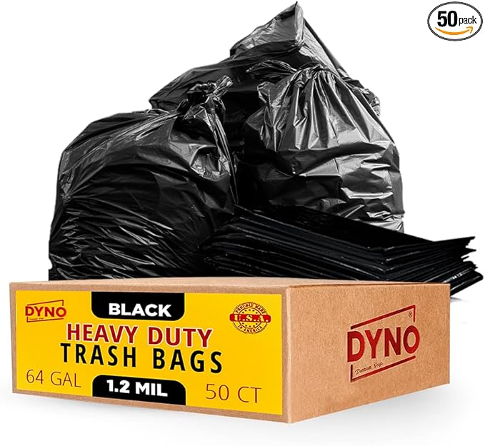 Dyno Products Online 64-Gallon, 1.2 Mil Thick Heavy-Duty Black Trash Bags - 50 Count Extra Large Plastic Garbage Liners Fit Huge Cans for Home Garden Lawn Yard Recycling Construction & Commercial Use