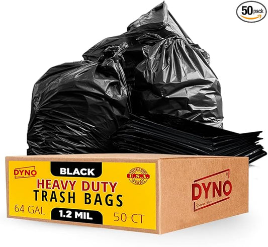 Dyno Products Online 64-Gallon, 1.2 Mil Thick Heavy-Duty Black Trash Bags - 50 Count Extra Large Plastic Garbage Liners Fit Huge Cans for Home Garden Lawn Yard Recycling Construction & Commercial Use