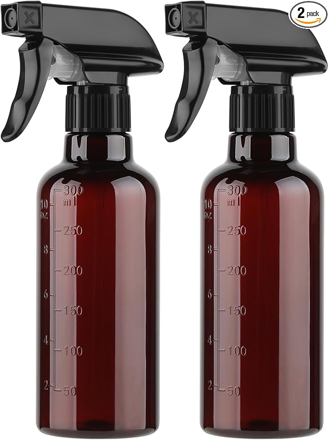 Plastic Spray Bottles (2 Pack 10 oz), Leakproof Adjustable Fine Mist & Jet Stream Nozzle, Premium BPA-Free Plastic Multi-Purpose for Hair, Plants, Cleaning (2 PACK AMBER)