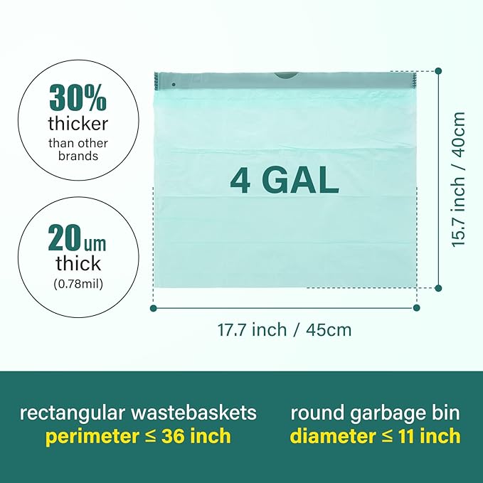 Biodegradable drawstring trash bags, 4 Gallon, 100% Compostable garbage bags wastebasket liners bags for kitchen bathroom office garden,US BPI ASTM D6400 and Europe OK Compost Home Certified