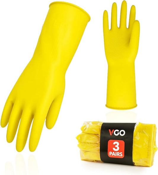 Vgo... 3-Pairs Reusable Household Gloves, Rubber Dishwashing gloves, Extra Thickness, Long Sleeves, Kitchen Cleaning, Working, Painting, Gardening, Pet Care (Size XL, Yellow, HH4601)