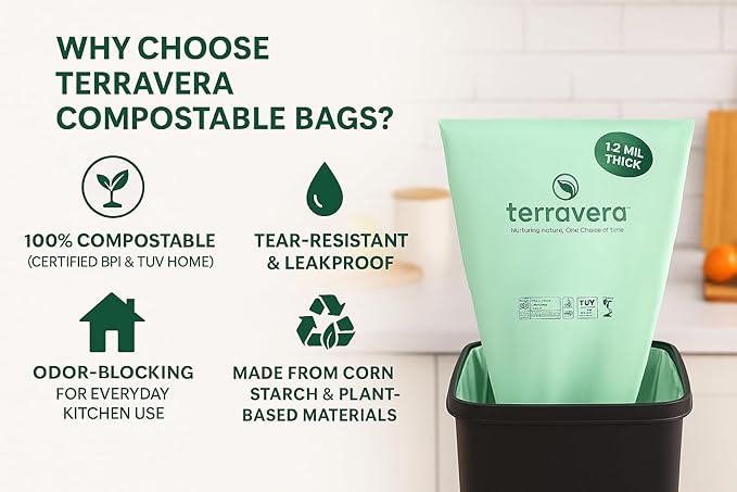 Compostable Trash Bags Flat Top | BPI & OK Home Certified ASTM D6400 Standards | Heavy Duty Kitchen & Yard Waste Bags (13 Gallon Flat Top (50 Count) with Gallon Freezer Bags (50 Count))