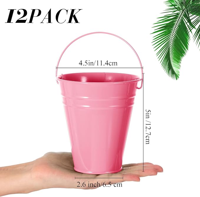 Sadnyy 12 Pack Metal Buckets with Handle, Galvanized Bucket 4.5 x 5 Inch Basket Bucket Party Supplies, Crafts for Christmas Halloween Candy Bars Vase Crafts(Pink)