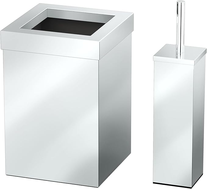 Gatco Modern Square Waste Basket and Toilet Brush Set, Chrome - Stainless Steel Trash Can with Removable Lid, Leakproof, 3 Gallon Capacity for Bathroom, Bedroom, Kitchen, or Office