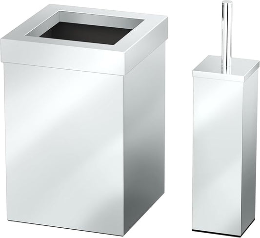 Gatco Modern Square Waste Basket and Toilet Brush Set, Chrome - Stainless Steel Trash Can with Removable Lid, Leakproof, 3 Gallon Capacity for Bathroom, Bedroom, Kitchen, or Office