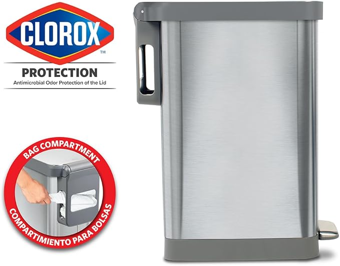 Glad Slim Trash Can with Clorox Odor Protection - Narrow Kitchen Garbage Bin with Soft Close Lid, Step On Foot Pedal and Waste Bag Roll Holder, All Stainless, 45 Liter
