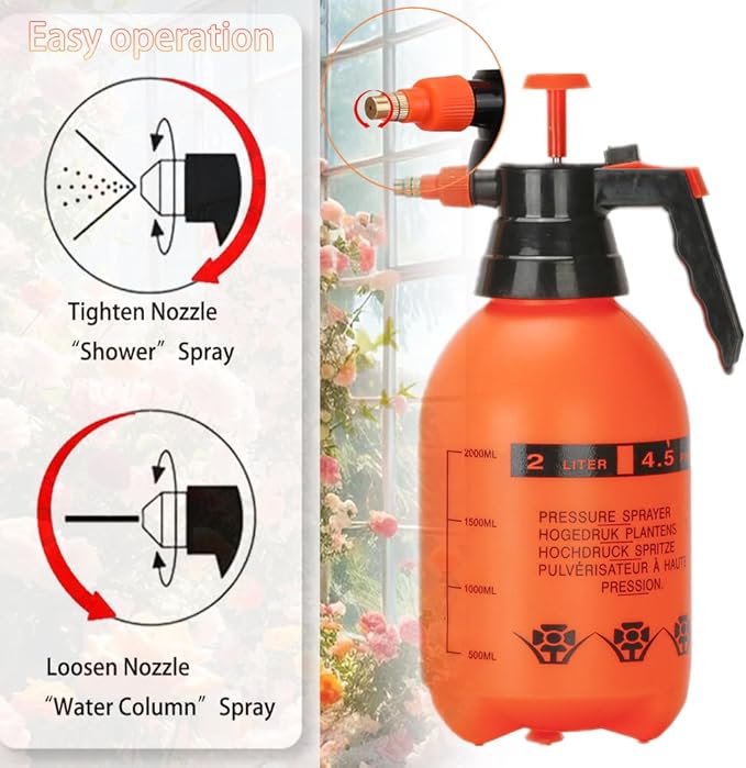 2 Pack Pump sprayers in Lawn and Garden, 2L Handheld Garden Pump Sprayer 0.5 Gallon Water Mist Spray Bottle for Plants, Weed Sprayer with Adjustable Brass Nozzle (2L Orange)
