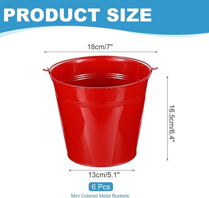 PATIKIL 7"x6.5" Small Metal Buckets with Handle, 6 Pcs Mini Galvanized Bucket Colorful Easter Buckets for Crafts Party Favors Decoration, Red