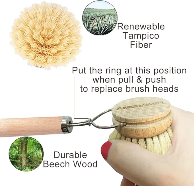 Dish Brush with Wooden Handle, Natural Kitchen Brush for Dishes Vegetable, Pots and Pans, Tampico Fiber Bristles Scrubber, Extra 3 Pack Replacement Head Included