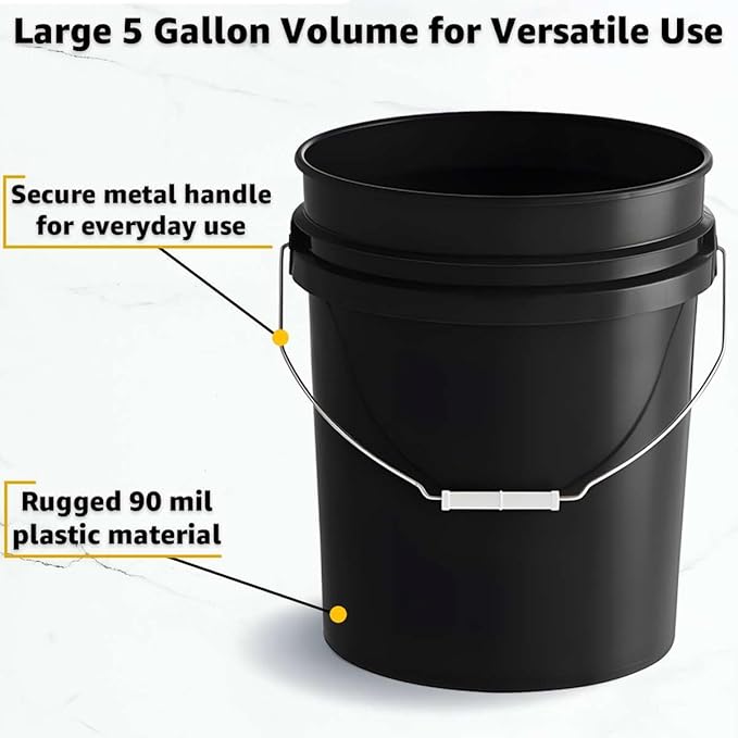 10 Pack - 5 Gallon Heavy-Duty Plastic Buckets with Metal Handle, 90 Mil, Food Safe & Multipurpose