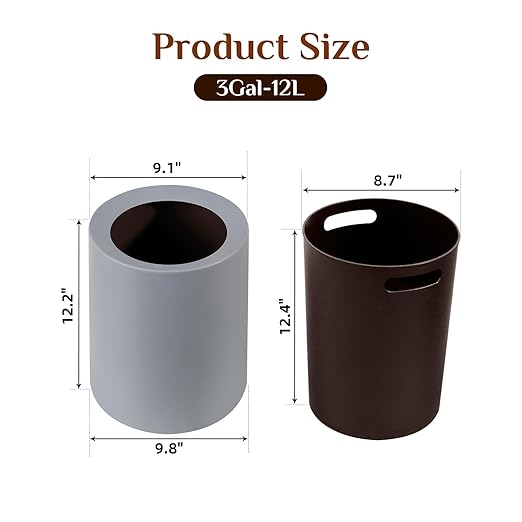 2 Pack Round Modern Trash Can Bedroom, 3Gal/12L Bathroom Trash Can Hidden Bag, Open Top Trash Bin Round Plastic, Minimalist Grey Garbage Can with Inner Bucket (with 2 Handles) for Kitchen Office