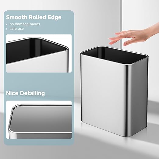 TIPGO Small Metal Trash Can, 2.1 Gallon Slim Trash Can for Bathroom, Wastebasket Garbage Bin for Bedroom, Office, Kitchen, Under Sink (Silver)