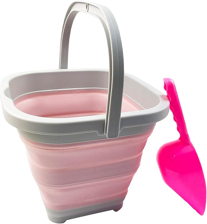 SAMMART Collapsible Rectangular Cleaning Bucket 5L (1.3 Gallon)- Foldable Camping Beach Sand Water Pot Pail- Portable Space Saving Tub for Household, Outdoor Car Washing (Grey/Pale Pink)