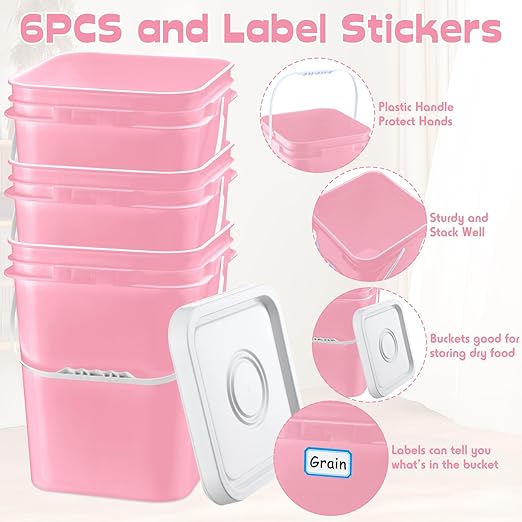 Vesici 6 Pcs 5 Gallon Food Grade Square Buckets with Lids 5 Gal Plastic Food Storage Square Bucket Heavy Duty Industrial Pail Container with DIY Label Stickers Handles for Water Painting(Pink)