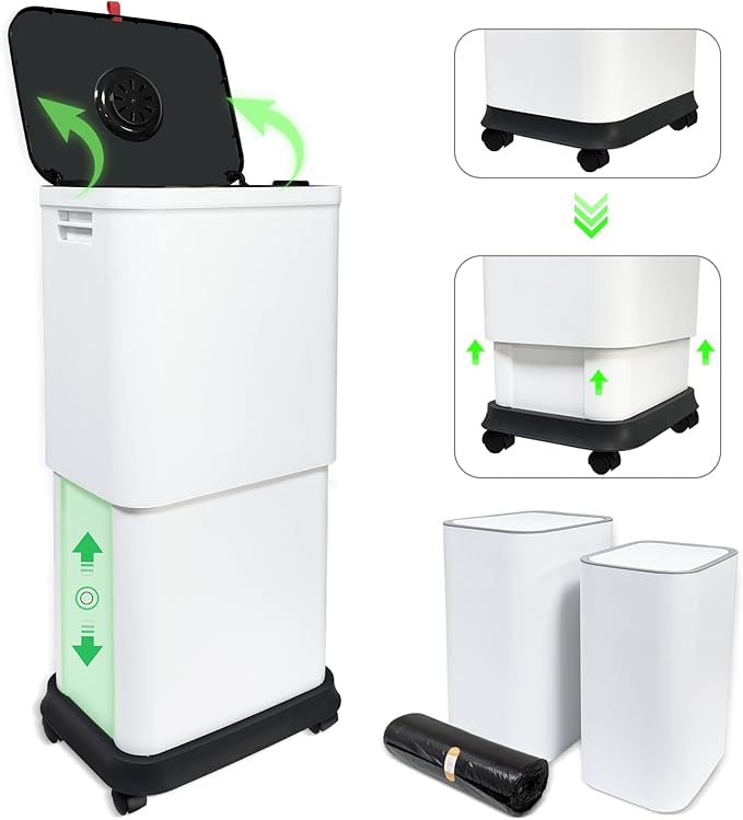 Gintan 13 Gallon Trash Can with Lid, 25-45 L Altitude Variable Bin, Garbage Can with Wheels for Kitchen, Bathroom, Bedroom, Office, Two Space-Saving Small Waste Bin and Garbage Bag