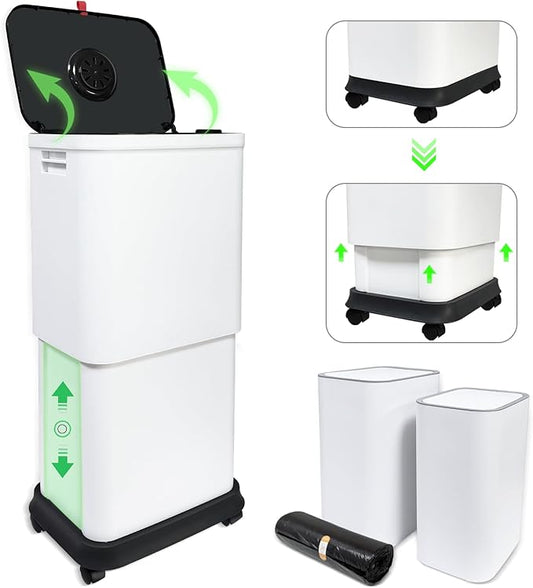 Gintan 13 Gallon Trash Can with Lid, 25-45 L Altitude Variable Bin, Garbage Can with Wheels for Kitchen, Bathroom, Bedroom, Office, Two Space-Saving Small Waste Bin and Garbage Bag