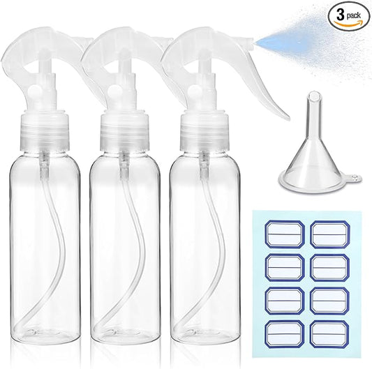 3 Pcs Plastic Spray Bottles, 3.38oz/100ml Empty Small Water Spraying Bottles for Plant, Clear Fine Mist Travel Mini Bottle Set Refillable Container with Adjustable Nozzle for Hair Cooking Clean