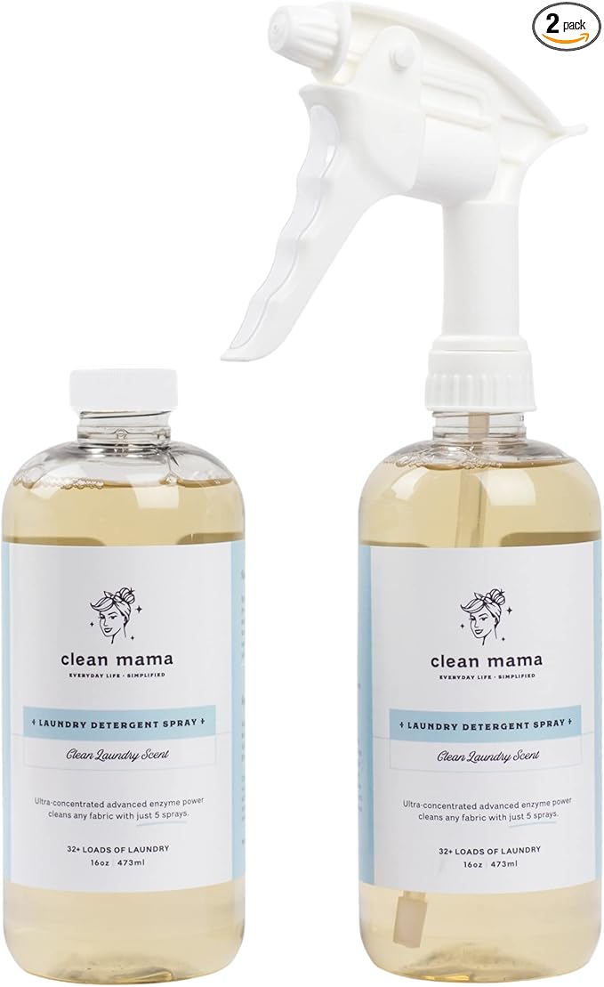 Clean Mama Laundry Detergent Spray & Pre-Treater - Natural Laundry Detergent Soap for Sensitive Skin - Eco-Friendly, HE Compatible - Clean Laundry Scent - 64+ Loads of Laundry, Starter + Refill, 16 oz