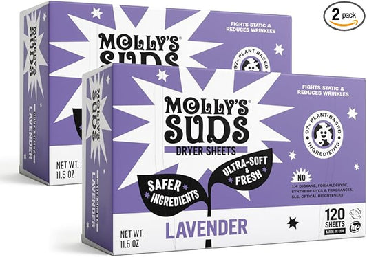 Molly's Suds Fabric Softener Dryer Sheets for Sensitive Skin | Plant-Based Static Reducer, Plastic-Free Packaging | Bundle of 2, Lavender (240 Sheets Total)