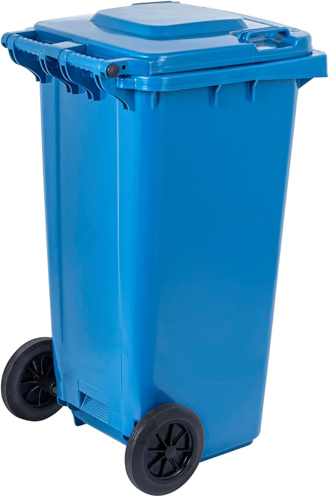 Restaurantware-Clean Tek Professional 32 Gallon Trash Can With Wheels, 1 Garbage Can With Lid - Step-On Attachment Sold Separately, Rectangle, Blue Plastic Dustbin, Long-Lasting, For Outdoor
