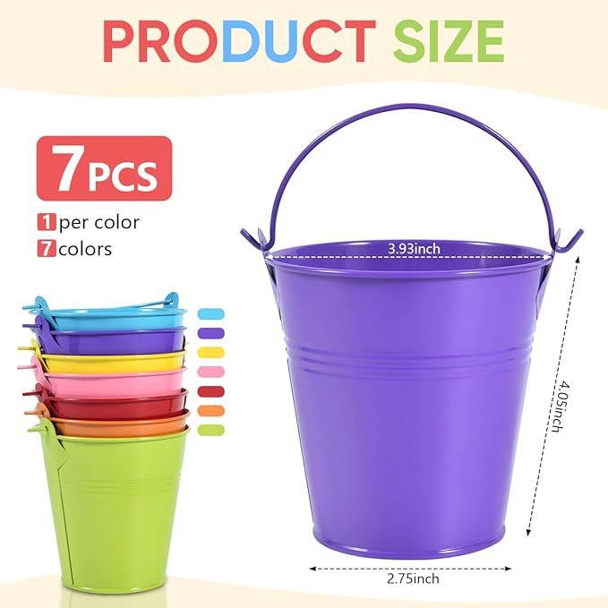 OBTANIM 7 Pack Colorful Metal Buckets with Handle Galvanized Ice Pails for Plants, Succulents, Party Favors Organizing, Rustic Home Decor or Classrooms Pencil Storage (4 x 2.8 inch)