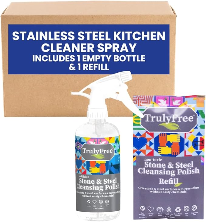 Truly Free Stone & Steel Cleansing Polish Starter Kit - Quartz, Marble, Granite, Stone Countertop, Oven, Stainless Steel Cleaner - 16oz Spray Bottle, 2 Refills (4oz) No Harmful Ingredients
