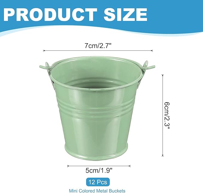 PATIKIL 2.7"x2.3" Small Metal Buckets with Handle, 12 Pcs Mini Galvanized Bucket Colorful Easter Buckets for Crafts Party Favors Decoration, Light Green