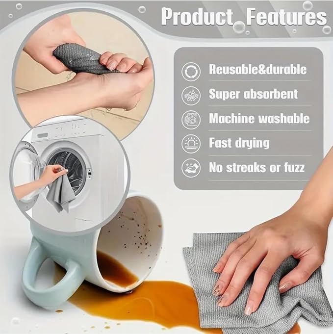 MRIGHT Gray Microfiber Cleaning Cloths Roll, 12x12 Inch, 60 Sheets-2 Rolls, Reusable, Machine Washable, Super Absorbent, Lint Free, Tear Away Design (2)