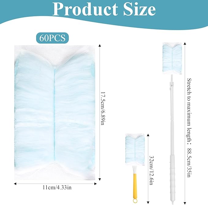 60 Count Electrostatic Duster Refills, 360 Heavy Duty Dusters Refills, with 1 Short Handle and 1 Extenda Handle, Disposable Microfiber Duster for Cleaning Home