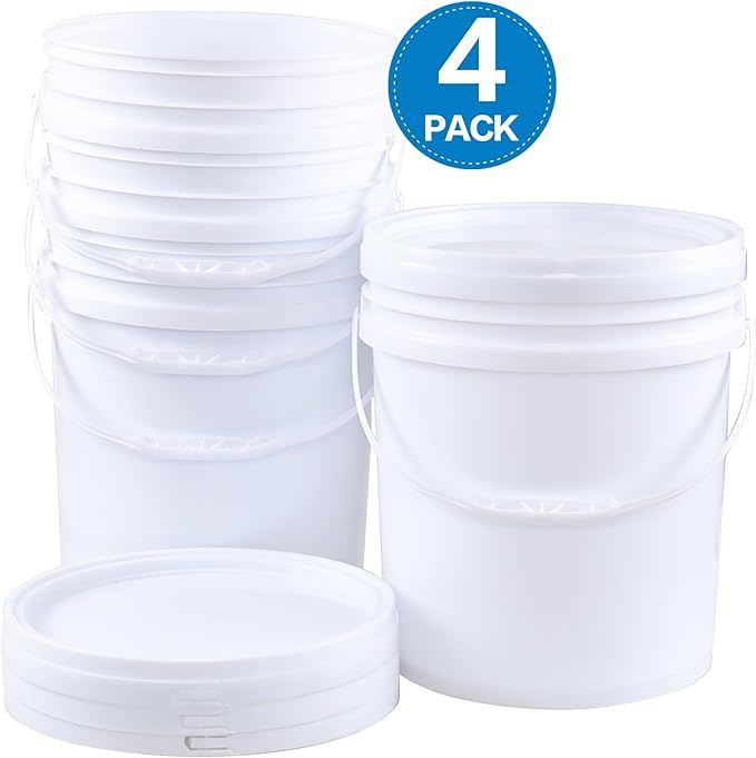 7 Gallon Bucket, Heavy Duty Plastic Bucket with Comfortable Handle, White Bucket & Lid, Pack of 4