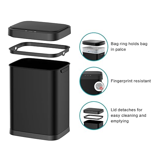 10.5 Gallon Stainless Steel Touchless Sensor Trash Can with, Wide Rectangular Design, Brushed Finish – Automatic Lid for Home, Office, Kitchen, Bathroom, and Commercial Use (Black)