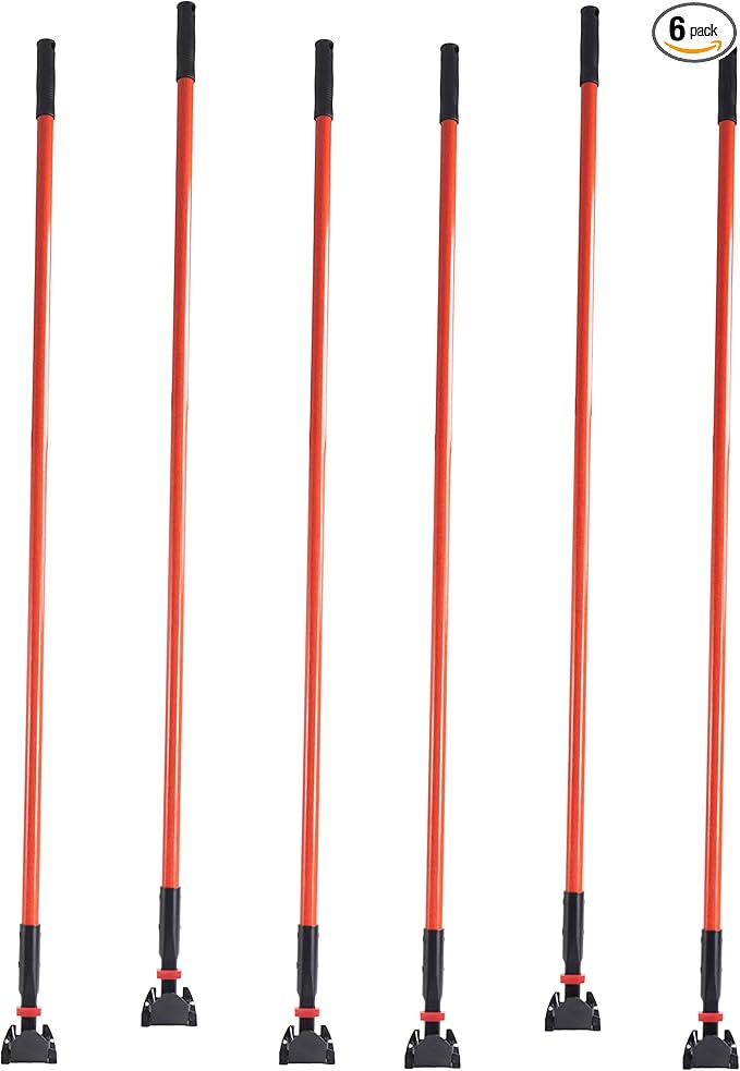 Matthew Cleaning Commercial Quick-Change Dust Mop Handle with Clip-on Metal Gripper for Heavy Duty Mop Head Replacement Holder, Fiberglass Handle 60 inch 6packs-Red