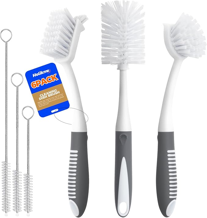 Holikme 6 Pack Dish Brush Set with Bottle Brush, Dish Scrub Brush, Pan Brush and 3 Straw Brushes, Deep Cleaning Handle Brush with Scraper Tip for Kitchen Sink Dishes Bottle Cup Pot and Pans (Gray)