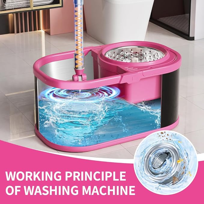 Stainless Steel Spin Mop and Bucket with Wringer Set for Home,360° Mop and Bucket with Separate Clean and Dirty Water,Wet Dust Mop for Floor Cleaning with Extra Refills (Black Pink)