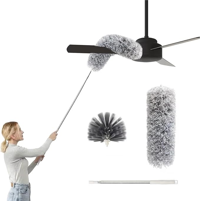 Ceiling Fan Cleaner Duster with Extension Pole, Washable Cleaning Duster Kit with 2 Duster Heads, Cobweb Duster, Corner Brush, 21-100 Inch Long Telescoping Pole