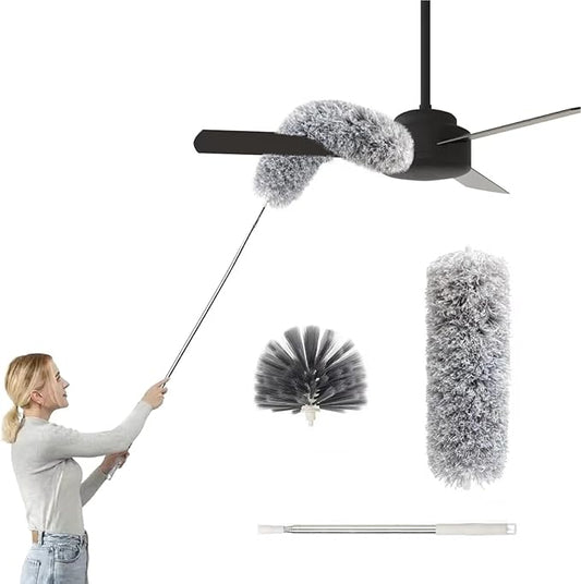 Ceiling Fan Cleaner Duster with Extension Pole, Washable Cleaning Duster Kit with 2 Duster Heads, Cobweb Duster, Corner Brush, 21-100 Inch Long Telescoping Pole