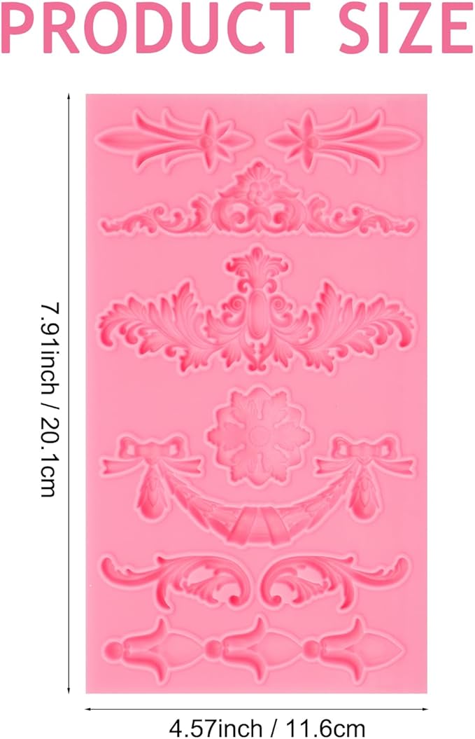 Baroque Decorative Silicone Fondant Mold, Vintage Floral Scroll Pattern, Pink