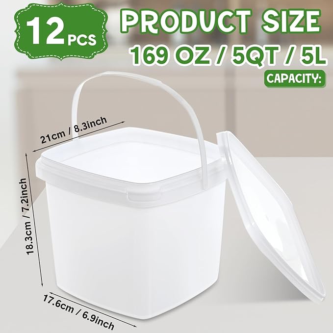 Mifoci 12 Pcs 5 Qt/ 169 Oz/ 5 L Plastic Food Containers, 1.24 Gallon Ice Cream Buckets with Lids and Handle Reusable Square Deli Containers Freezer and Microwave Safe for Kitchen Food Drinks Storage