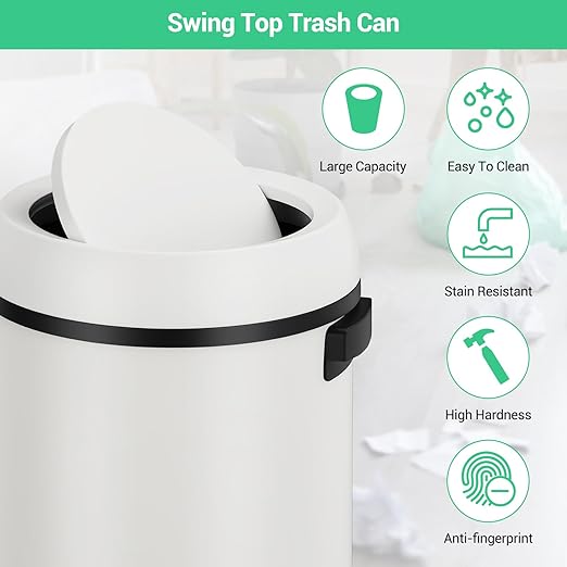 Garvee 17 Gallon/65 Liter Trash Can, Fingerprint-Proof Stainless Steel Swing Top Garbage Can, Heavy Duty Commercial Round Trash Bin with Swing Lid for Restaurant, Home, Office,White