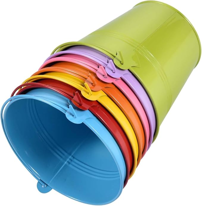 OBTANIM 7 Pack Colorful Metal Buckets with Handle Galvanized Ice Pails for Plants, Succulents, Party Favors Organizing, Rustic Home Decor or Classrooms Pencil Storage (5.1 x 3.6 inch)