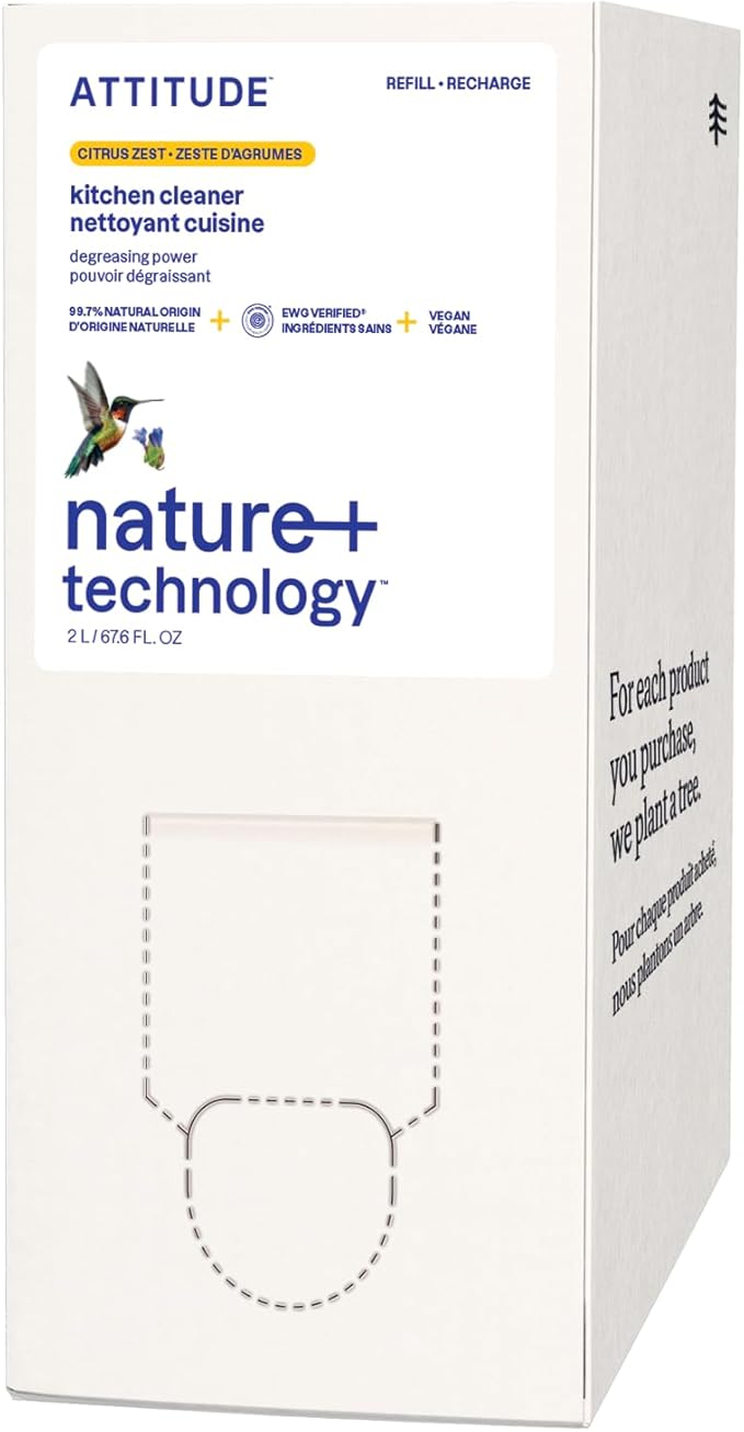 ATTITUDE Kitchen Cleaner Spray Refill, EWG Verified, Powerful Degreaser, Cuts Grease & Grime, Plant-Based & Vegan, Citrus Zest Scent, 67.6 Fl Oz