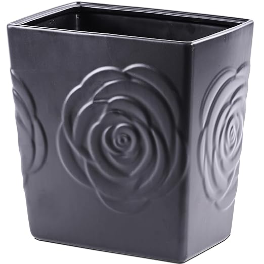Black Ceramic Rose Small Bathroom Trash Can 2.5 Gal (9 Liter), Heavy Small Kitchen Garbage Bin, Living Room Bedroom Corner Trash Can, Decorative Wastebasket for Outdoor Garden, Home Office,Hotel Motel