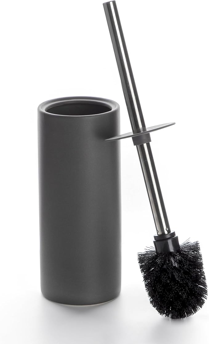 Matt Gray Ceramic Toilet Brush and Holder Set, Freestanding Toilet Bowl Cleaners Brush, Scrubber Brush for Toilet, Bathroom Accessories with Stainless Handle, Deep Cleaning