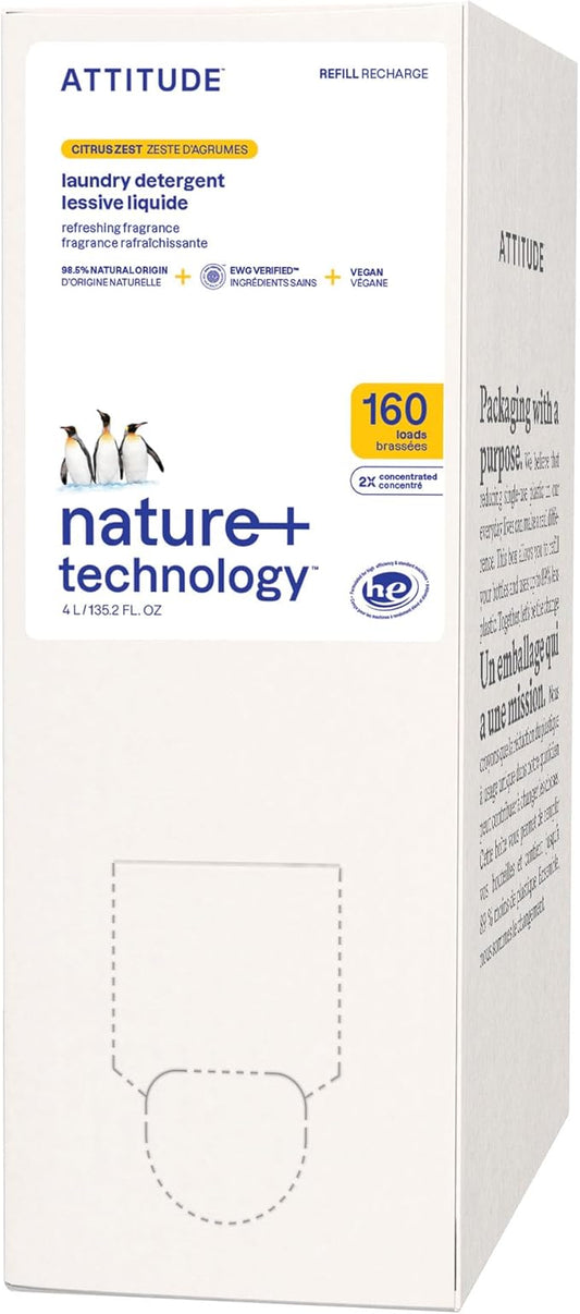 ATTITUDE Liquid Laundry Detergent Refill, EWG Verified, HE Compatible, Plant-Based & Vegan, Natural Laundry Soap, Citrus Zest Scent, 160 Loads, 135.26 Fl Oz