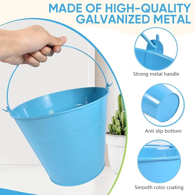 OBTANIM 7 Pack Blue Metal Buckets with Handle Galvanized Ice Pails for Plants, Succulents, Party Favors Organizing, Rustic Home Decor or Classrooms Pencil Storage (9.1 x 6.7 inch)