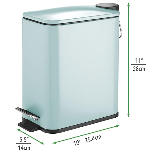 mDesign Slim Metal Rectangle 1.3 Gallon/5 Liter Trash Can with Step Pedal, Easy-Close Lid, Removable Liner - Narrow Wastebasket Garbage Container Bin for Bathroom, Bedroom, Kitchen - Matte Mint Green