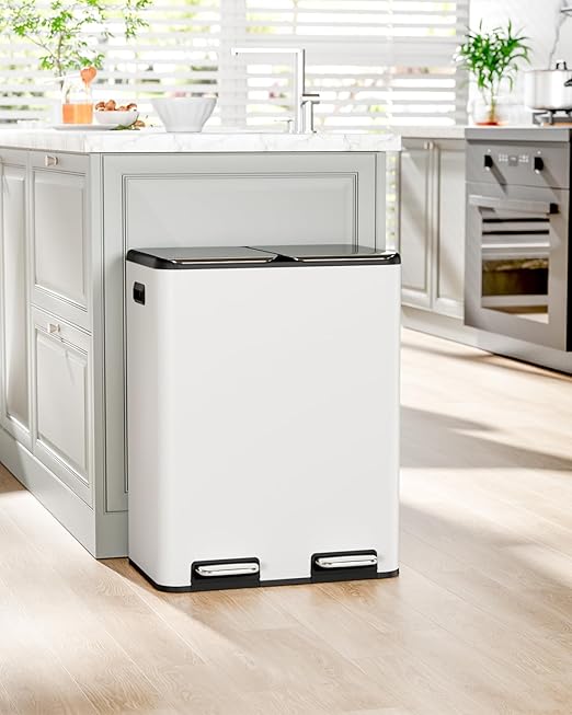16 Gal (2 x 30 L) Dual Trash Can, Stainless Steel Kitchen Garbage Bin, Recycle Dustbin with Odor Control Box, Soft-Close Lid, Inner Buckets, Side Handle, Step Pedal, for Home Office